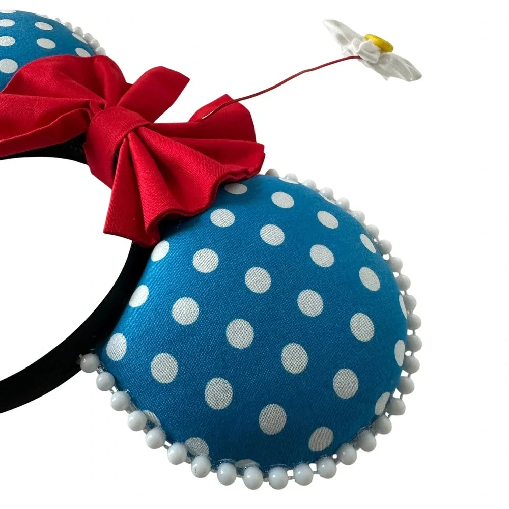 Blue Polka Dot Minnie Mouse Ears Red Bow Daisy Flower Headband